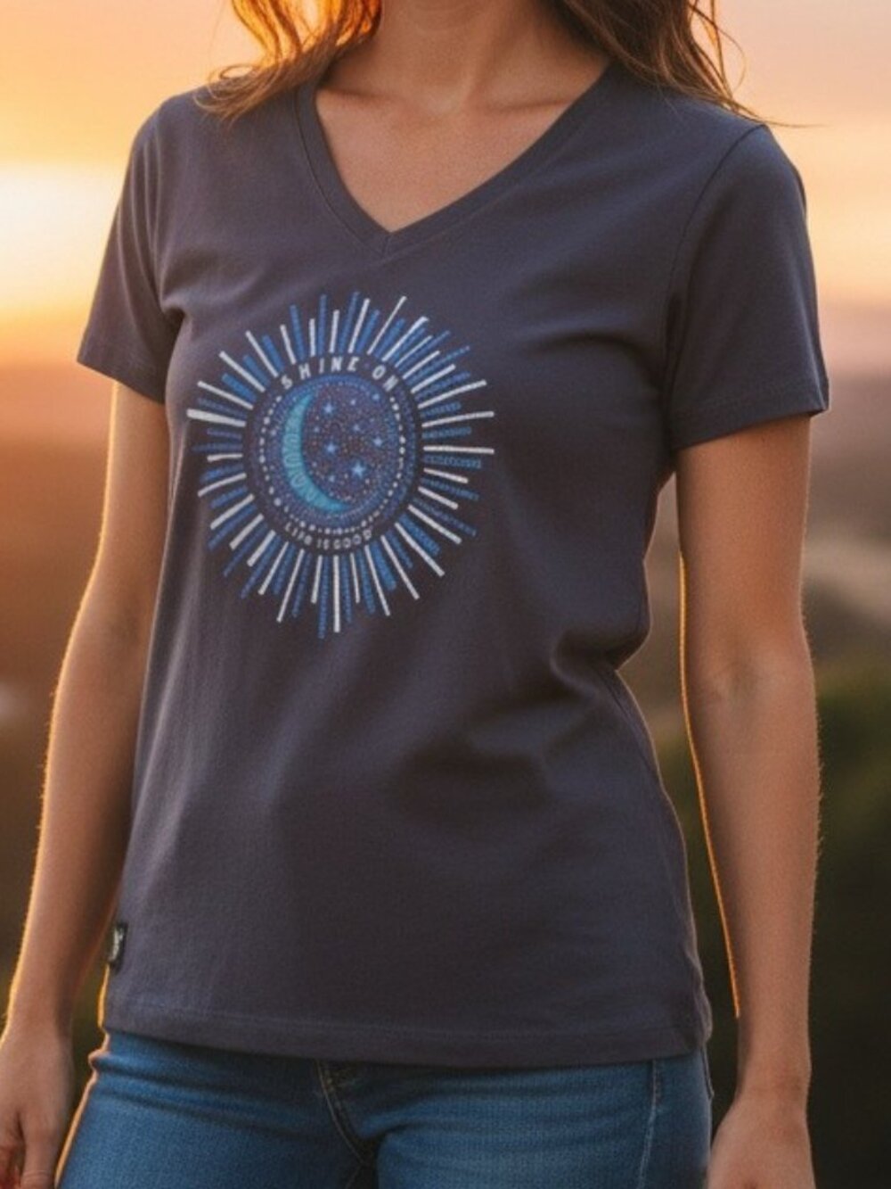 Life is Good W's Midnight Shine on Moon/Stars Crusher Vee Tee